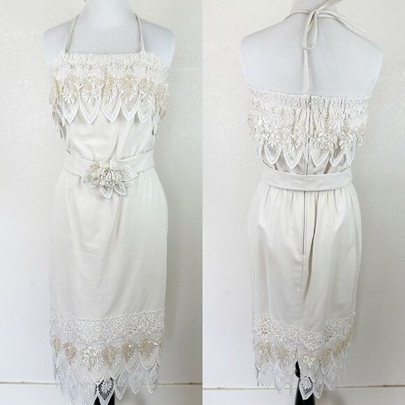 Vintage 1980s Leather Lace Belted Midi Dress Halter - Picture 1 of 12
